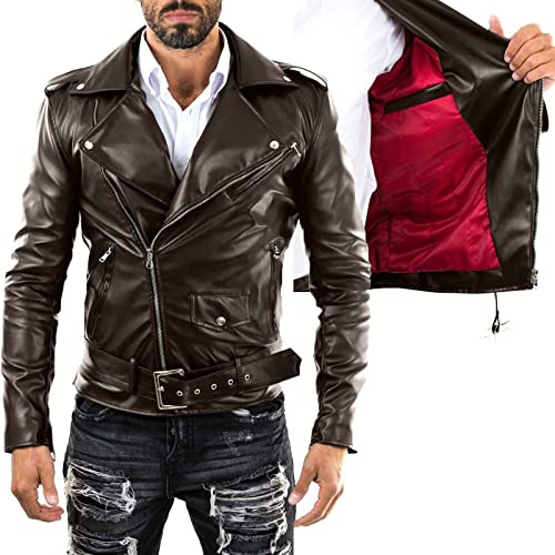 Chiodo Biker In Vera Pelle Marrone Uomo Slim Interno Rosso Rindway, XXXL, Trapunta (Autunno-Inverno), Marrone Scuro