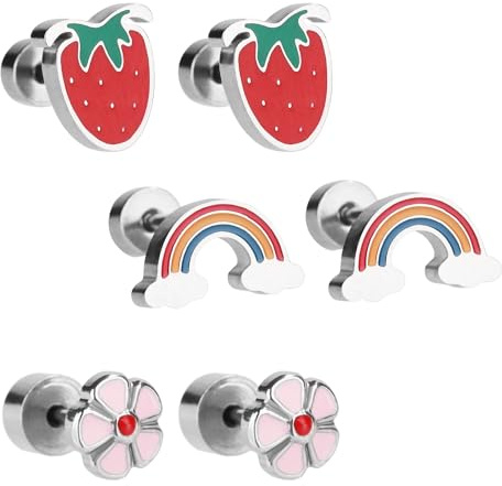 Mignonne Filles Boucles d'Oreilles Fraise Percées Arc-En-Ciel Fleur en Acier pour Tout-Petits Enfants