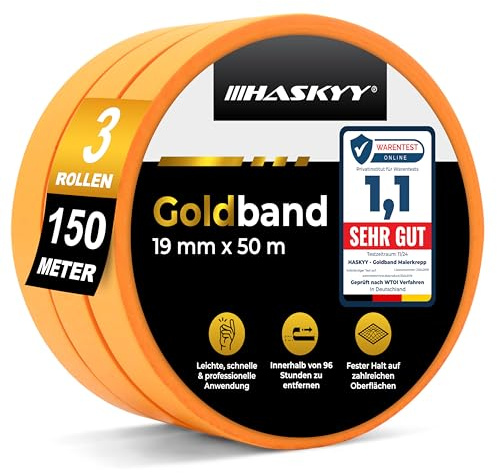 HASKYY Goldband Malerkrepp Kreppband 3x Malerband 19mm x 50m Profi Abdeckband Malertape Klebeband Washi Tape Gold Papiertape Selbstklebend