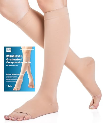 Medias de Compresión Mujer y Hmbre, 20-30 mmHg Clase 2, Tamaño S-4XL, Calcetines Compresion con Punta Abierta Para Médicos, Circulación, Varices, Edema, Correr, Volar, Embarazo (Beige, XL)