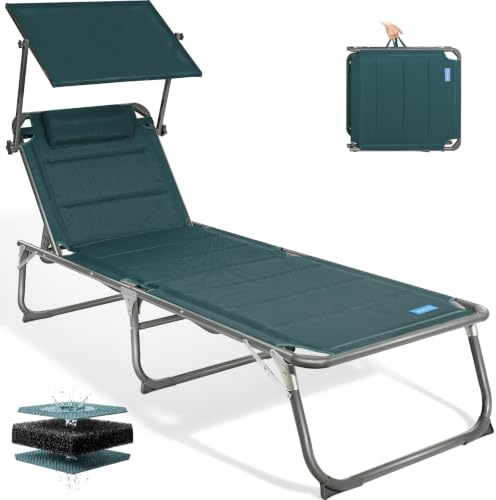 Homecall Sonnenliege Klappbar mit Dach, Kopfstütze, Bis 180 kg, 200x70 cm | mit 5-fach verstellbare Rückenlehne，Quick-Dry-Schaumstoff，Luxus Gartenliege Wetterfest, Aluminiumgestell für Garten, Balkon