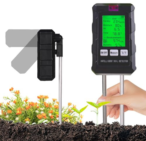 Misuratore PH Terreno 6 in 1,Igrometro Piante con Fertilità del Suolo/Umidità/pH/Temperatura/Luce Solare/Umidità Ambientale,Sensore Umidità Terreno per Giardinaggio,Prato,Agricoltura,Piante da Esterno