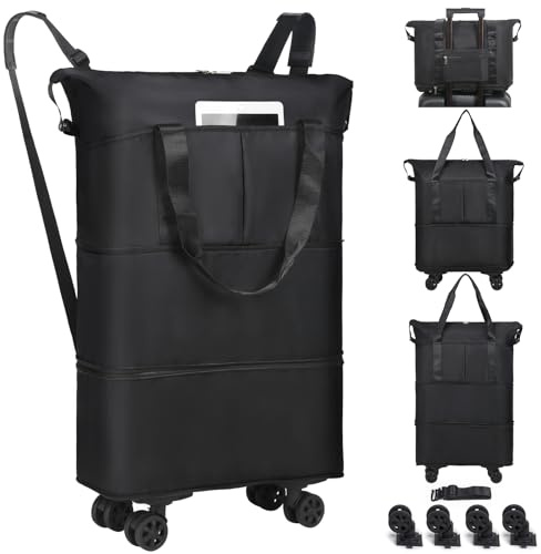 VOOWO Reisetasche mit Rollen, faltbar, erweiterbar, Reisetasche mit Rädern für Reisen, Rollgepäck, Handgepäck mit Rollen, großer Rollrucksack, Wochenendtaschen für Männer und Frauen, Schwarz,