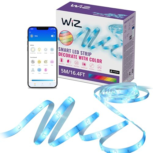 WiZ RGB LED Lightstrip - 5m, anpassbar, 16 Mio. Farben + Weißtöne, voreingestellte Lichtmodi, verbindet sich mit Ihrem WLAN, Sprach- / App-Steuerung, funktioniert mit Google Home, Alexa und HomeKit