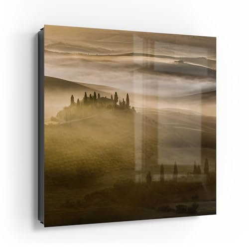 DEQORI Schlüsselkasten schwarz | 30x30 cm | Motiv Morgenlicht der Toskana | Glas & Metall Schlüssel-Box | Schlüsselschrank mit 50 Haken + 2 Magnete | Moderne Box magnetisch & beschreibbar