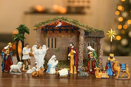 Fovths 17 Pieces Lighted Nativity Christmas Nativity Stable Manger Religious Nativity Stable Manger Figurine Resin Decor for Deluxe Edition Led Nativity Tabletop Holiday Centerpieces Decor, 7 Inch