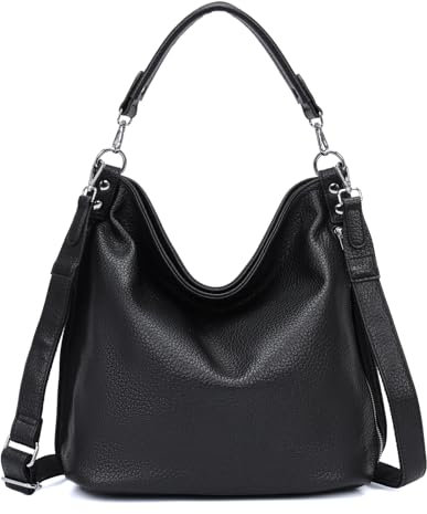 ITALYSHOP24 OBC XXL Damen Tasche mit 2 Gürtel Shopper Schultertasche Umhängetasche Hobo Bag Reisetasche Handtasche für Schule Freizeit Beuteltasche Urlaub Weekender Leder Optik Schwarz V1