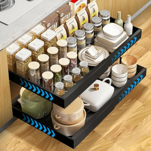 2 cassetti telescopici con sistema a binario, cassetto estraibile da cucina senza foratura, cassetto estraibile per mobili da cucina, organizer per cassetti (2 pezzi nero, 32x52cm)