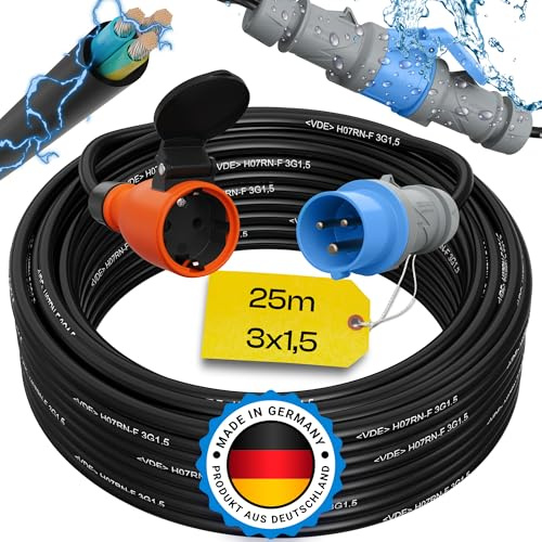 maxgo 25m Camping Adapter CEE auf Schuko 230v 16a 3x1,5 H07RN-F Stromadapter Stromkabel Landstromanschluss Adapterkabel Verlängerungskabel Kabel Wohnmobil Schukostecker Mennekes Campingkupplung