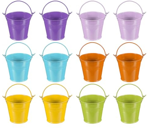 PATIKIL 7x5x6cm Pequeños Cubos de Metal con Asa, 12 Pcs Cubo Mini Coloridos para Pascua, Favores de Fiesta, Decoración, Verde/Amarillo/Naranja/Azul/Morado Claro/Morado Oscuro