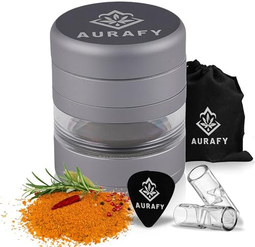 AURAFY Herb Grinder 5-Piece Manual Spice Grinder Mill Premium Aluminum Crusher with Curved Design, See-Through Window, Removable Screen, Glass Tips, Storage Bag & Picker Tool (Metal Grey)
