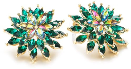 Grande Flor Pendientes, Floral Cluster Statement Declaración Pendientes, Verde Marquesa Iridescente Cristal pétalo