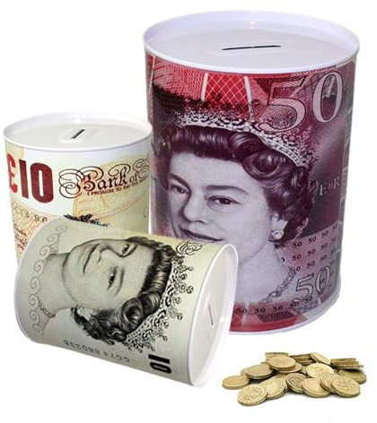 Queen Small Money Tin Box - Assorted Coin Bank, Ideal Money Saving Jar Adults & Kids, Perfect for Rainy Day Savings, Sealed to Prevent Dipping, British Banknote Design