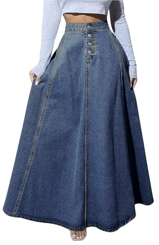ebossy Damen Retro-Jeansrock mit hoher Taille, Knopfleiste, fließendes Plissee, Swing A-Linie Denim Maxi-Röcke