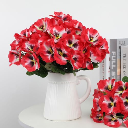 NatureMan 6 Bundles Artificial Pansies Flowers Outdoor UV resistant artificial Wild Flower Daisy for outdoor windowsill box porch home garden wedding farmhouse decoration (Red)