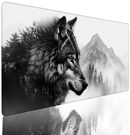 Tapis De Souris Loup, Tapis de Souris Gaming XXL 60 x 30 cmGris, Bords à Coutures Set De Bureau Accessoire Gaming Améliore la Précision et la Vitesse, Convient pour Maison Bureau,Cadeau Homme 8W-2