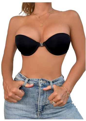 GORGLITTER Women's Front Fastening Underwire Bandeau Bras Strapless Push Up High Support Bras for Tube Dress Black Small