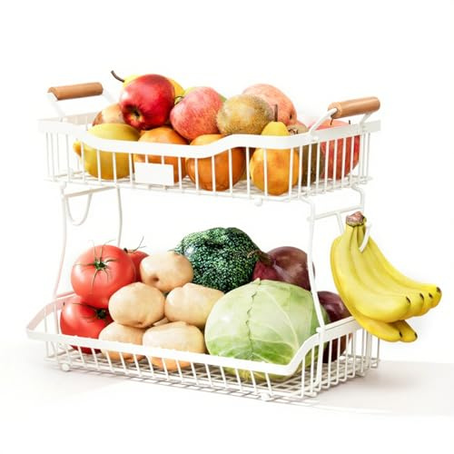 Yuhtech Cesta de frutas de 2 niveles, cuenco de frutas para cocina, cesta de frutas para encimera, estante de almacenamiento de verduras, soporte organizador de aperitivos desmontable con mango de