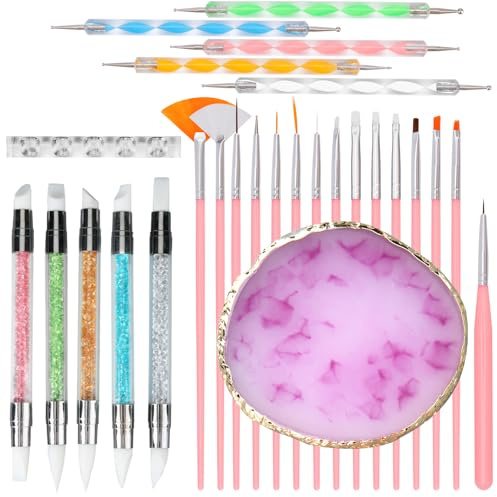 27pcs Outils pour Ongles, Brosse Stylo Sculpture Bidirectionnel Ensemble d'Outils de Pointillage d'Ongles Palette et Porte-Stylo pour la Conception des Ongles Bricolage Salon