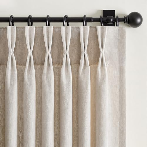 Pinch Pleated Curtains 90 Inches Long 2 Panels Set,Linen Textured Polyester Blend Fabric Aesthetic Advanced Curtain Drapes for Bedroom,7-1/2 ft Length Hooks Rings for Sliding Glass Doors