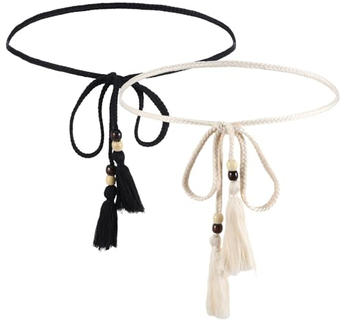 Classicseali 2 cinture in corda da donna con nappe, cintura in vita intrecciata, cintura in tessuto sottile per donne e ragazze, abiti sottili, gonne, tuniche, cintura intrecciata da donna