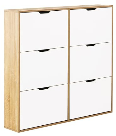 Brigros - Scarpiera Salvaspazio Slim In Legno Con 6 Ante A Ribalta, Mobile Portascarpe Moderno Da Ingresso 120x24x114 Cm Per Corridoio Stretto O Camera Da Letto (Rovere+Bianco)