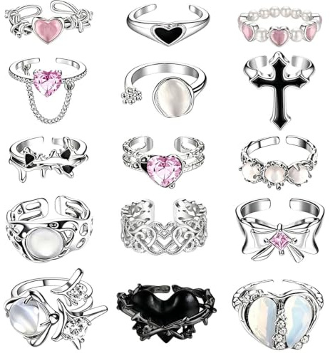 Y2k Pink Kunckle Joint Finger Rings Set for Women Vintage Irregular Open Opal Rings for Men Chunky Adjustable Gothic Cross Moonstone Butterfly Star Love Heart Cool Black Statement Ring Aesthetic