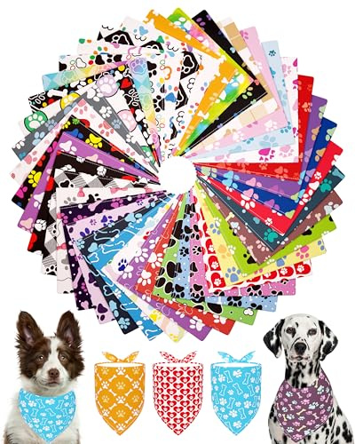 PET SHOW 50 Pack Big Extra Large Dog Bandanas Bulk XL Washable Paw Pattern Triangle Bibs Dogs Girl Boy Kerchief Set Pet Scarves Grooming Accessories