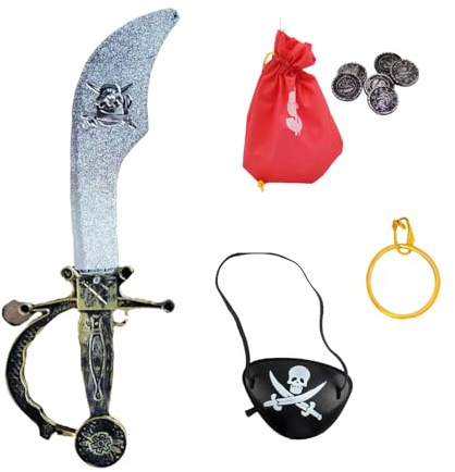 GWAWG Épée de Pirate Enfant avec Cache-œil, Boucles d’Oreilles et pièces d’Or – Accessoires de Pirate pour déguisement, Cosplay, Halloween, Carnaval ou Jeu imaginatif