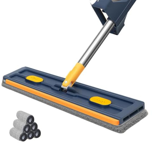 Mopa plana grande de microfibra giratoria de 360°, conveniente almacenamiento, para limpiar el lavado a mano, sin suelos U8b8
