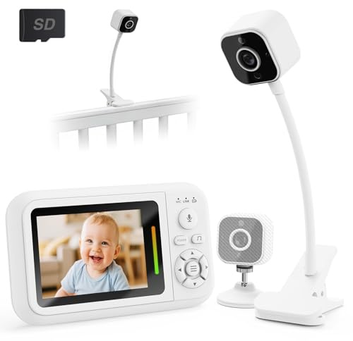 Babyphone mit Kamera Ohne WLAN, 1080P Baby Kamera Monitor mit Halterung & Bettclip, 2 Wege Audio, Temperatur, Weinen-Erkennung, Nachtsicht, 8 Schlaflieder, Foto- und Videoaufnahme, SD Karte Inklusive