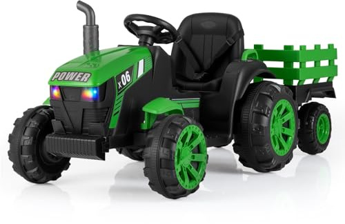 COSTWAY Kids Ride on Tractor with Trailer, 24V Electric Vehicle with Remote Control RGB LED Headlights, Music, USB, Dual Motors Battery Powered Ride on Car for 3-7 Years Old