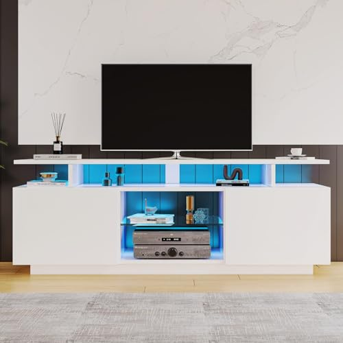 EURHCIO Meuble TV 140x35x55cm,Meuble Tele,Meubles Rangement Bas avec Éclairage LED Réglable,Étagères Réglables,Étagère en Verre,pour Téléviseurs de Moins 60 Pouces(M-Blanc)