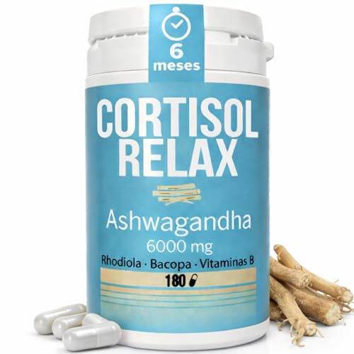 DIETETICA EUROPEA Cortisol RELAX 6 meses - bajar cortisol y estres y ansiedad sin perder energía - ashwagandha y rhodiola + bacopa monnieri - anti estres natural 180 Cápsulas