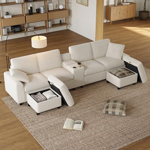 Luscriate Große U-Wohnlandschaft 315 cm – Cord Sofa mit 2 Hockern, integriertem Tisch, USB & Steckdose, Funktionscouch mit Stauraum, Beige (Beige-F, 4-Sitzer)