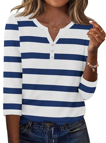Zeagoo Camicia da Donna Elegante Scollo a V Camicette Casual Maniche 3/4 a Righe Tops Sciolto Basic T Shirts con Bottoni Estiva Strisce Blu Navy XL