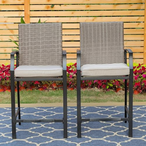 PHI VILLA Outdoor Rattan Gartenstühle Set, E-Coating Metallrahmen, Barhocker Outdoor Barstühle mit 7CM abnehmbare Kissen, Wetterbeständig