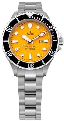RATIO FreeDiver Montre automatique pour femme en acier inoxydable avec cadran jaune saphir RTFL834 200M