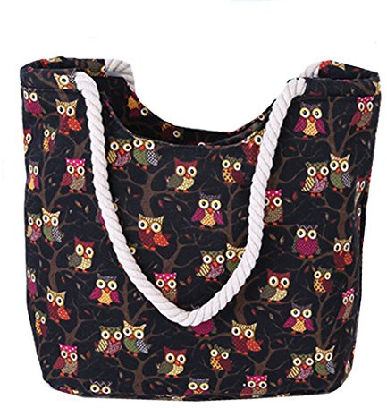 AiSi Canvas Strandtasche Schultertasche Umhängetasche Shopper Einkaufstasche, mit Reißverschluss, Eule Muster blau pink schwarz beige