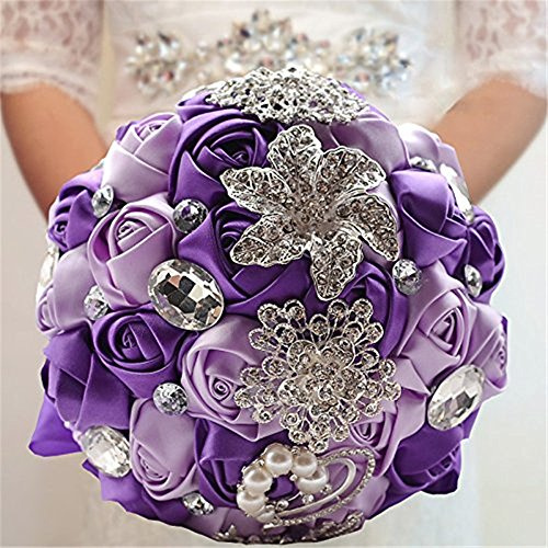Fouriding Bouquet de Lujo Nupcial de la Boda Ramo de Flores Rose Ribbon con Cuentas Rhinestone Decoración del Hogar Suministros de la Boda Violeta