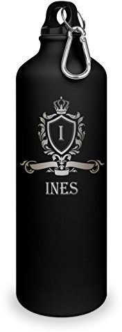 Trinkflasche mit Namen INES - graviert mit Wappen Monogramm, Aluminiumflasche mit Gravur, Sportflasche - matt schwarz