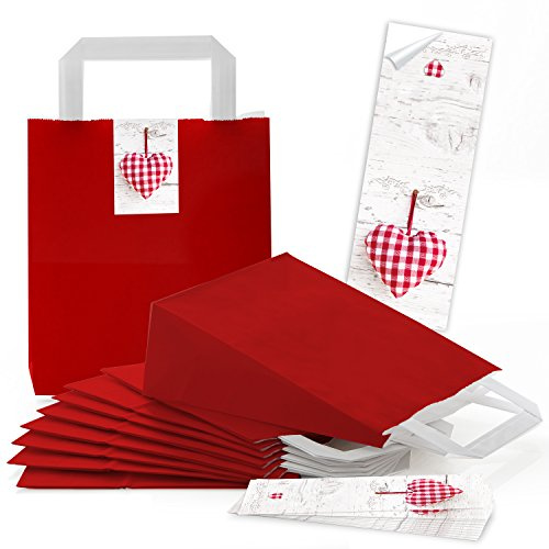 Logbuch-Verlag 25 rote Geschenktüten zum Befüllen Papiertüten mit Herz Aufkleber Verpackung für kleine Geschenke Gastgeschenke 18 x 8 x 22 cm