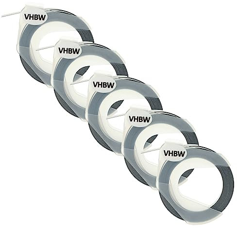 vhbw 5x 3D Prägeband-Schriftband-Kassette kompatibel mit Dymo 15447, 1535, 1540, 1550, 1570, 1575 Etiketten-Drucker 3m x 9mm Weiß auf Schwarz