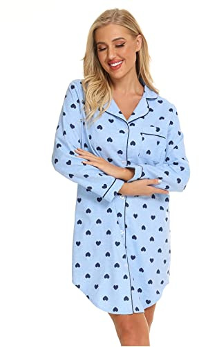 Misscoo Dam bomull sovskjorta långärmad knapp ner nattlinne flanell nattlinne (S-XXL), 03, Large