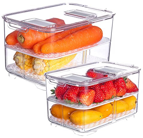 vacane Produce Saver with Lids, 2 Piece Fruit Vegetable Storage Container with Vents Stackable Fridge Drawers Organizer Salad Lettuce Keeper For Refrigerator,Bpa-free Fresh Keeper,5.7L&2.8L