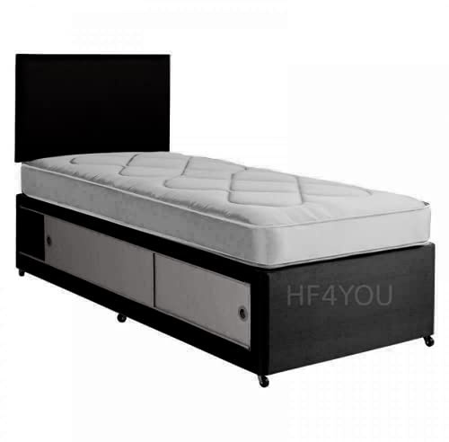 GHOST BEDS Single Divan Bed 3FT With Mattress & Headboard+Slider kids & adults & Children (BLACK, 3FT SINGLE)