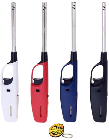 HIBRON Encendedor Cocina 28cm Largo Alcance - Pack 4 Unidades + Llavero, Llama Ajustable, Ventana Gas Visible, Seguro Infantil (Recargable)