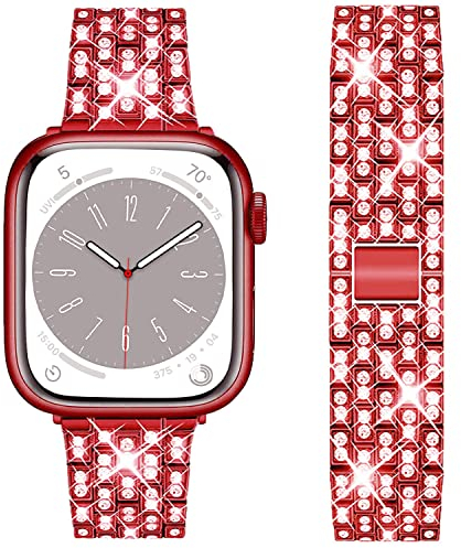DEALELE Armband Kompatibel mit iWatch 38mm 40mm 41mm, Luxus Strass Diamant Metall Ersatz Armbänder für Apple Watch Series 8/7 / 6/5 / 4/3 / SE/Ultra, 38mm/40mm/41mm, Rot