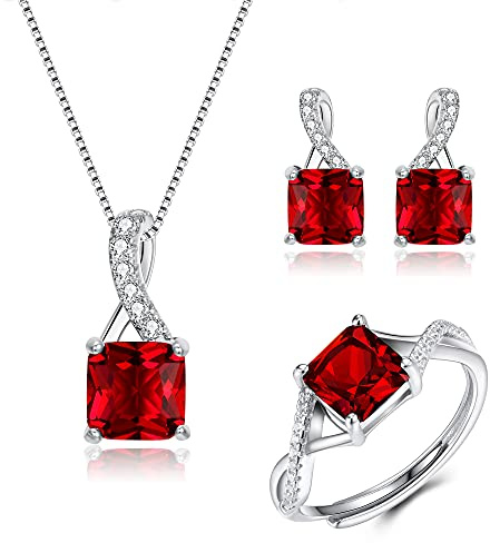 Clearine Quadratschliff Schmuck Set 925 Sterling Silber Zirkonia Anhänger Halskette,Baumeln Ohrringe und Ring Sets Edelstein Geschenke für Damen Mädchen Rubin-Rot Silber-Ton