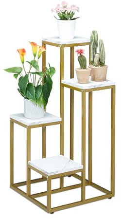 Relaxdays Blumentreppe, 4 Ablagen, HxBxT: 100 x 40 x 40 cm, platzsparend, Stahl und MDF, Design Blumenetagere, gold/weiß
